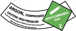 NMC - Hazardous Materials Label - Legend: Argon - Compressed - Caution! - High Pressure - Non Flammable - Gas 2, English, Green, Black & White, 5-1/4" Long x 2" High, Sign Muscle Finish - Top Tool & Supply