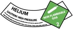 NMC - Hazardous Materials Label - Legend: Helium - Caution! High Pressure - Non Flammable Gas - 2, English, Green, Black & White, 5-1/4" Long x 2" High, Sign Muscle Finish - Top Tool & Supply