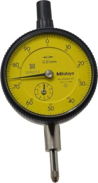 Mitutoyo - 10mm Range, 0-100 Dial Reading, 0.01mm Graduation Dial Drop Indicator - 2-3/16" Dial, 1mm Range per Revolution, 0.013mm Accuracy, Revolution Counter - Top Tool & Supply