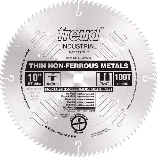 Freud - 10" Diam, 5/8" Arbor Hole Diam, 100 Tooth Wet & Dry Cut Saw Blade - Carbide-Tipped, Standard Round Arbor - Top Tool & Supply