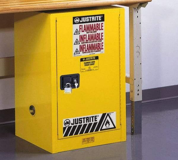 Justrite - 1 Door, 1 Shelf, Yellow Steel Space Saver Safety Cabinet for Flammable and Combustible Liquids - 35" High x 23-1/4" Wide x 18" Deep, Self Closing Door, 12 Gal Capacity - Top Tool & Supply