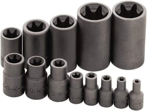 SK - 13 Piece 1/4, 3/8 & 1/2" Drive Standard Socket Set - 6 Points, E4 to E24 Torx, Torx Measurement Standard - Top Tool & Supply