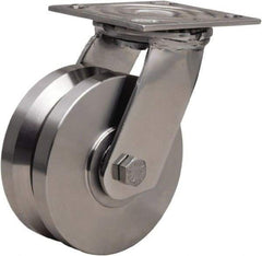 Hamilton - 5" Diam x 2" Wide, Stainless Steel Swivel Caster - 800 Lb Capacity, Top Plate Mount, 3-3/4" x 4-1/2" Plate, Delrin Bearing - Top Tool & Supply