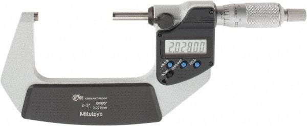 Mitutoyo - 2 to 3 Inch Range, 0.0001 Inch Resolution, Standard Throat, IP65 Electronic Outside Micrometer - 0.0001 Inch Accuracy, Ratchet Stop Thimble, Carbide Face, SR44 Battery, Includes Plastic Case - Top Tool & Supply