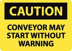 NMC - "Caution - Conveyor May Start without Warning", 10" Long x 14" Wide, Pressure-Sensitive Vinyl Safety Sign - Rectangle, 0.004" Thick, Use for Accident Prevention - Top Tool & Supply