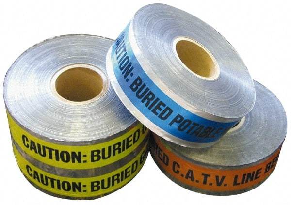 NMC - Caution: Buried Irrigation Line Below, Detectable Underground Tape - 1,000 Ft. Long x 2 Inch Wide Roll, Polyethylene on Aluminum, 5 mil Thick, Blue - Top Tool & Supply