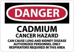 NMC - "Danger - Cadmium Cancer Hazard - Can Cause Lung and Kidney Disease - Authorized Personnel Only - Respirators Required...", 10" Long x 14" Wide, Rigid Plastic Safety Sign - Rectangle, 0.05" Thick, Use for Security & Admittance - Top Tool & Supply