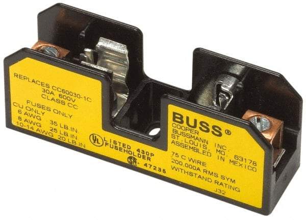 Cooper Bussmann - 2 Pole, 10 to 14 AWG, 600 VAC/VDC, 15 Amp, DIN Rail Mount Fuse Block - 3 Inch Long x 1.63 Inch Wide x 1.22 Inch High Block - Top Tool & Supply