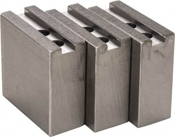 H & R Manufacturing - 1.5mm x 60° Serrated Attachment, Square Soft Lathe Chuck Jaw - 3 Jaws, Steel, 1" Btw Mount Hole Ctrs, 3-1/2" Long x 1-1/2" Wide x 3-1/2" High, 0.551" Groove, 12mm Fastener - Top Tool & Supply