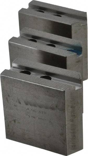 H & R Manufacturing - 1.5mm x 60° Serrated Attachment, Square Soft Lathe Chuck Jaw - 3 Jaws, Steel, 1" Btw Mount Hole Ctrs, 3-1/2" Long x 1-1/2" Wide x 3-1/2" High, 0.551" Groove, 12mm Fastener - Top Tool & Supply