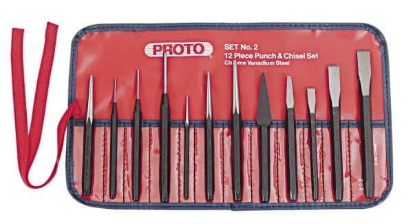 Proto - 12 Piece Punch & Chisel Set - 13/64 to 1/2" Chisel, 3/8 to 3/16" Punch, Round Shank - Top Tool & Supply