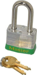 Master Lock - Keyed Alike Retaining Key Conductive Lockout Padlock - 1-1/2" Shackle Clearance, 9/32" Shackle Diam, 1-1/4" Body Height x 1-9/16" Body Width, Green, 4 Pins - Top Tool & Supply