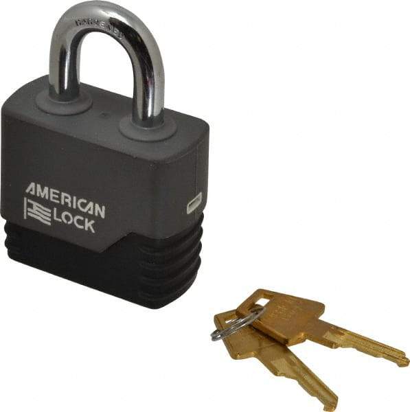 American Lock - 1-1/8" Shackle Clearance, Keyed Different Padlock with Weather Cover - 3/8" Shackle Diam, Brass - Top Tool & Supply