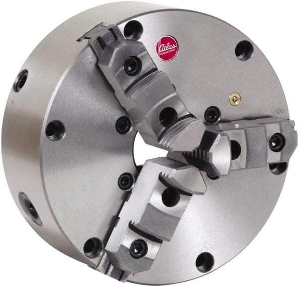 Atlas Workholding - 3 Jaws, 12" Diam, Self Centering Manual Lathe Chuck - Plain Back Mount Spindle, Adjustable, Reversible, 2,000 Max RPM, 3.285" Through Hole Diam, Cast Iron - Top Tool & Supply