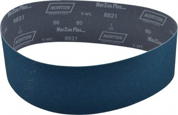 Norton - 4" Wide x 36" OAL, 80 Grit, Zirconia Alumina Abrasive Belt - Zirconia Alumina, Medium, Coated, Y Weighted Cloth Backing, Dry, Series R821 - Top Tool & Supply