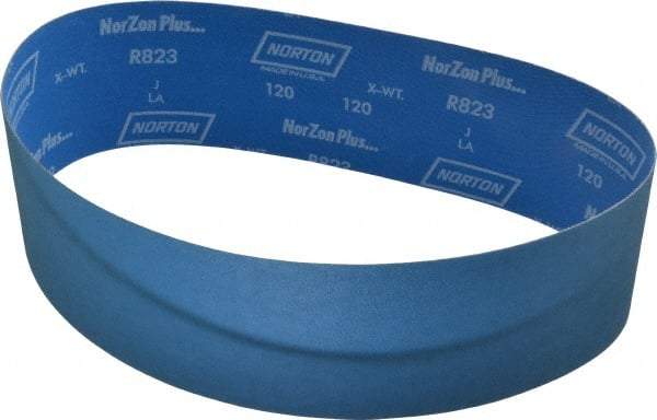 Norton - 4" Wide x 36" OAL, 120 Grit, Zirconia Alumina Abrasive Belt - Zirconia Alumina, Fine, Coated, X Weighted Cloth Backing, Series R823 - Top Tool & Supply