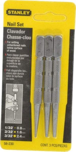 Stanley - 3 Piece, 1/32 to 3/32", Nail Punch Set - Round Shank, Comes in Carded - Top Tool & Supply