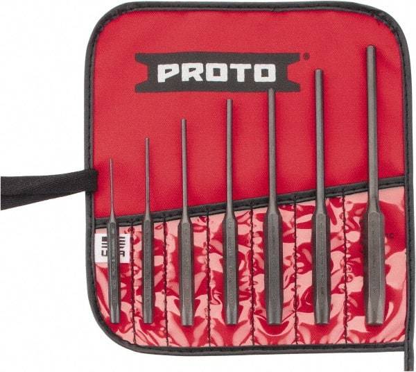 Proto - 7 Piece, 1/16 to 1/4", Pin Punch Set - Round Shank, Comes in Pouch - Top Tool & Supply