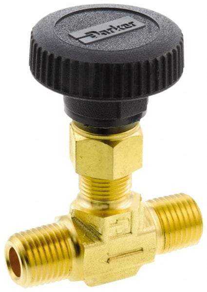 Parker - 3,000 Max psi, 3/8" Pipe, Brass, Inline Instrumentation Needle Valve - MNPT x MNPT End Connections - Top Tool & Supply