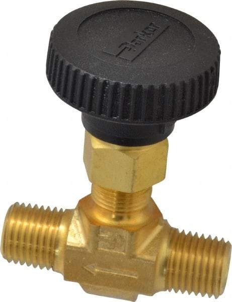 Parker - 3,000 Max psi, 1/4" Pipe, Brass, Inline Instrumentation Needle Valve - MNPT x MNPT End Connections - Top Tool & Supply