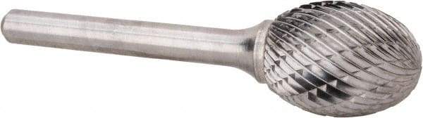 Atrax - 3/4" Cut Diam, 1/4" Shank Diam, Oval Head Double Cut Burr - Carbide, Radius End, 1" LOC, 2-3/4" OAL - Top Tool & Supply