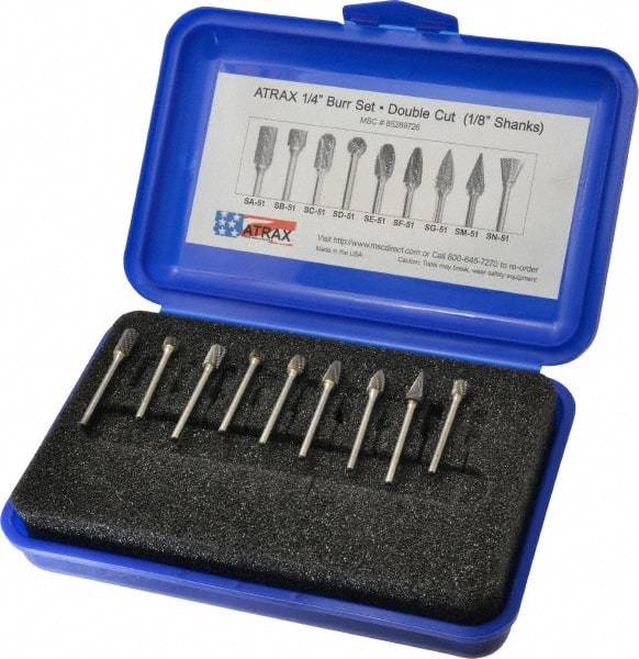 Atrax - 9 Piece, 1/8" Shank Burr Set - Tungsten Carbide, Multiple Head Shape - Top Tool & Supply