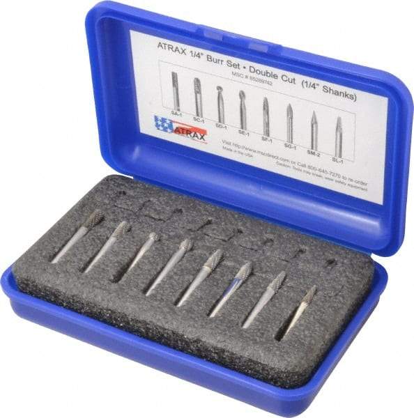 Atrax - 8 Piece, 1/4" Shank Burr Set - Tungsten Carbide, Multiple Head Shape - Top Tool & Supply