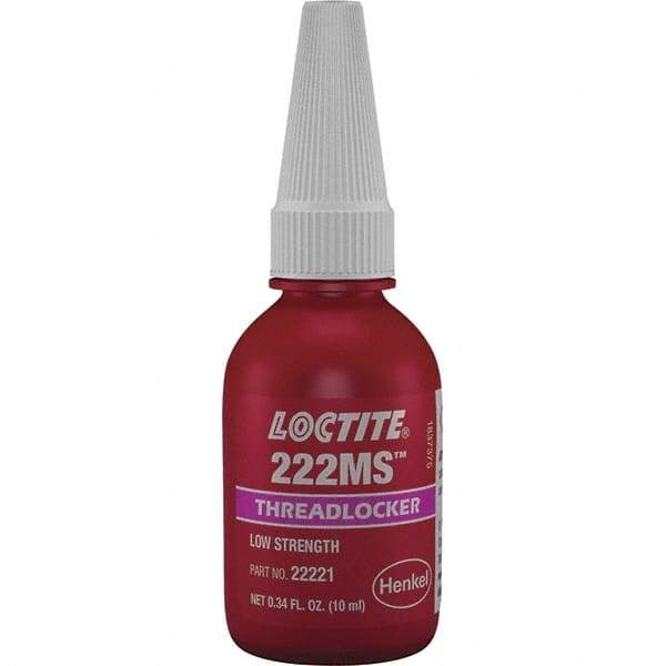 Loctite - 10 mL Bottle, Purple, Low Strength Liquid Threadlocker - Series 222, 24 hr Full Cure Time, Hand Tool Removal - Top Tool & Supply