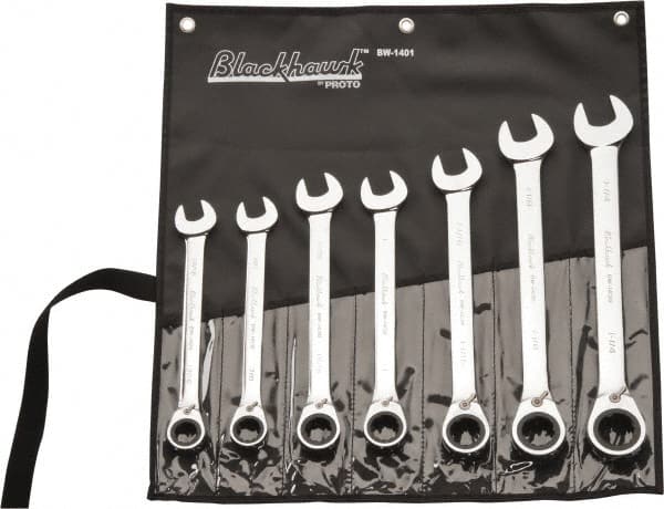 Blackhawk by Proto - 7 Pc, 13/16 - 1-1/4", Reversible Ratcheting Combination Wrench Set - Top Tool & Supply