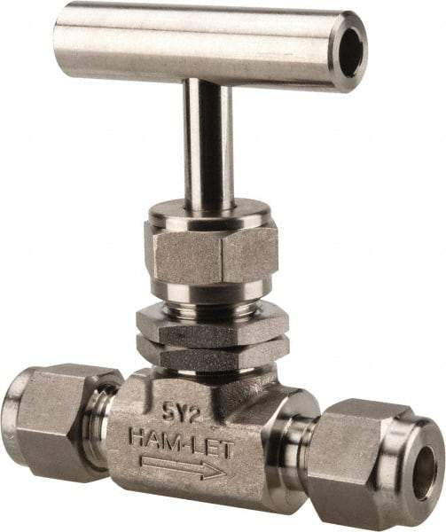 Ham-Let - 5,000 Max psi, 1/4" Pipe, 316 Grade Stainless Steel, Inline Stem Regulating Instrumentation Needle Valve - Compression x Compression End Connections, Swaglok SS-1RS4-SH - Top Tool & Supply