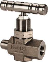 Ham-Let - 5,000 Max psi, 1/4" Pipe, 316 Grade Stainless Steel, Inline Soft Seat Instrumentation Needle Valve - MNPT x FNPT End Connections, Swaglok SS-1KM4-F4-SH - Top Tool & Supply