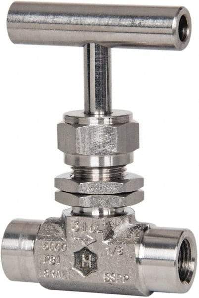 Ham-Let - 5,000 Max psi, 1/4" Pipe, 316 Grade Stainless Steel, Inline Stem Vee Instrumentation Needle Valve - FNPT x FNPT End Connections, Swaglok SS-1VF4-SH - Top Tool & Supply