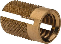 E-Z LOK - 5/16-18 UNC Brass Flush Press Fit Threaded Insert for Plastic - 9/16" OAL, 0.389" Insert Diam, 3/8" Hole Diam, 3/8" Drill - Top Tool & Supply