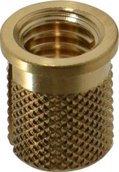 E-Z LOK - 5/16-18 UNC Brass Flanged Press Fit Threaded Insert for Plastic - 9/16" OAL, 0.389" Insert Diam, 0.357" Hole Diam, 3/8" Drill - Top Tool & Supply