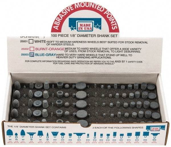 Made in USA - 100 Piece Aluminum Oxide Vitrified Mounted Stone Abrasive Point Set - Includes Shapes B42, B45, B52, B81, B91, B97, B102, B122, B136, W144, W146, W152, W160, W163, W167, W175, W176, W185, W200 & W215 - Top Tool & Supply