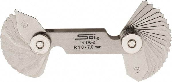 SPI - 34 Piece, 1 to 7 mm Radius, Stainless Steel Radius Gage Set - Style B, 0.25 mm Graduation - Top Tool & Supply