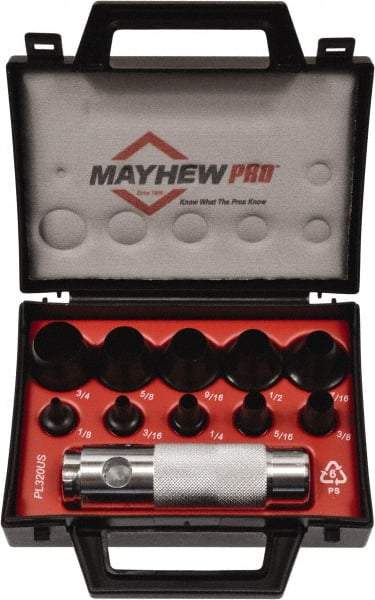 Mayhew - 11 Piece, 1/8 to 3/4", Hollow Punch Set - Round Shank, Alloy Steel, Comes in Plastic Case - Top Tool & Supply