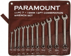 Paramount - 11 Piece, 7mm to 19mm, 12 Point Combination Wrench Set - Metric Measurement Standard, Full Polish Chrome Finish, Comes in Canvas Roll - Top Tool & Supply