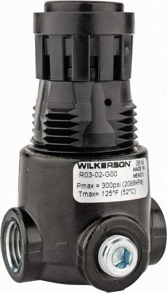 Wilkerson - 1/4 NPT Port, 15 CFM, Zinc Miniature Regulator - 2 to 125 psi Range, 300 Max psi Supply Pressure, 1/8" Gauge Port Thread, 1.65" Wide x 2.88" High - Top Tool & Supply