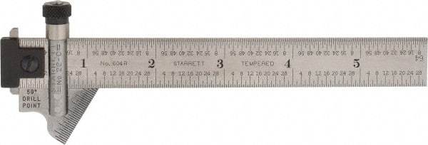 Starrett - 6 Inch Long, 59° Bevel Angle, Ruler Drill Point Gage - 1/32 Inch Bevel x 1/64 to 1/8 Ruler Graduation, Removable and Adjustable Ruler Hook, Depth Gage, Hook Rule, Plain Rule, Slide Caliper Function, Use with Rules 18.7mm Wide by 3/64 Inch Thick - Top Tool & Supply