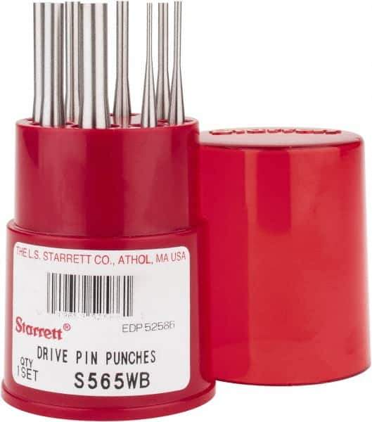 Starrett - 8 Piece, 1/16 to 5/16", Pin Punch Set - Round Shank, Comes in Round Container - Top Tool & Supply