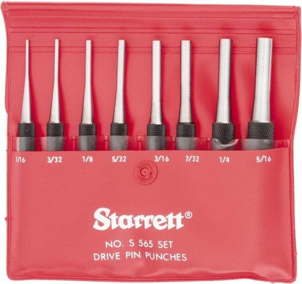 Starrett - 8 Piece, 1/16 to 5/16", Pin Punch Set - Round Shank, Comes in Vinyl Pouch - Top Tool & Supply