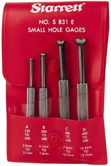 Starrett - 1/8 to 1/2 Inch Measurement, Small Hole Gage Set - 2-13/16, 3-1/8, 3-3/8 and 3-1/2 Inch Long, Half Ball, Includes Case - Top Tool & Supply