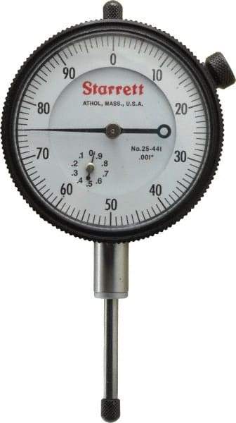 Starrett - 1" Range, 0-100 Dial Reading, 0.001" Graduation Dial Drop Indicator - 2-1/4" Dial, 0.1" Range per Revolution - Top Tool & Supply