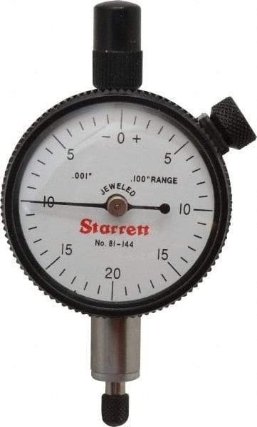 Starrett - 0.1" Range, 0-20-0 Dial Reading, 0.001" Graduation Dial Drop Indicator - 1-11/16" Dial, 0.04" Range per Revolution, Revolution Counter - Top Tool & Supply