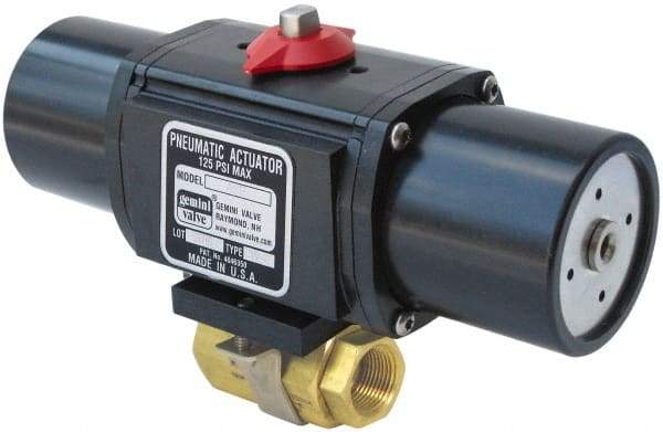 Gemini Valve - 1" Pipe, 720 psi WOG Rating Brass Pneumatic Spring Return with Solenoid Actuated Ball Valve - Reinforced PTFE Seal, Standard Port, Threaded (NPT) End Connection - Top Tool & Supply