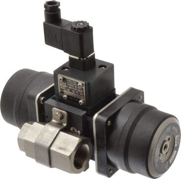 Gemini Valve - 3/4" Pipe, 720 psi WOG Rating Stainless Steel Pneumatic Spring Return with Solenoid Actuated Ball Valve - Reinforced PTFE Seal, Standard Port, Threaded (NPT) End Connection - Top Tool & Supply