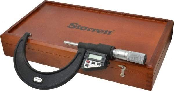 Starrett - 3 to 4" Range, 0.0001" Resolution, Standard Throat, Electronic Outside Micrometer - 0.0002" Accuracy, Friction Thimble, Micro Lapped Carbide Face, CR2450 Battery, Data Output, Includes 3V Battery - Top Tool & Supply