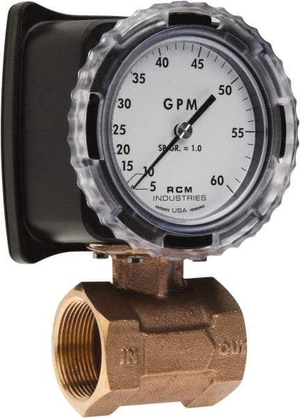 Made in USA - 1-1/2" NPT Port RCM Industries Flo-Gage Flowmeter - 180 Max psi, 5 to 60 GPM, Bronze - Top Tool & Supply