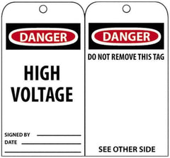 NMC - 3" High x 6" Long, DANGER - HIGH VOLTAGE, English Safety & Facility Accident Prevention Tag - Tag Header: Danger, 2 Sides, Black, Red & White Unrippable Vinyl - Top Tool & Supply